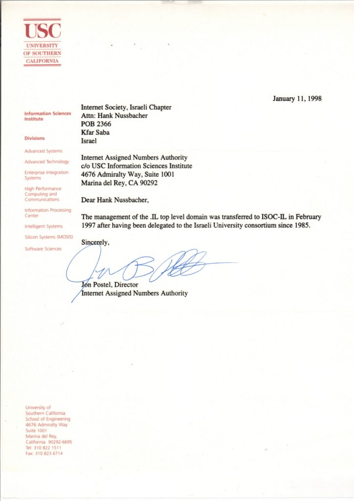 John-Postel’s approval to transfer management of .il from IUCC to ISOC-IL